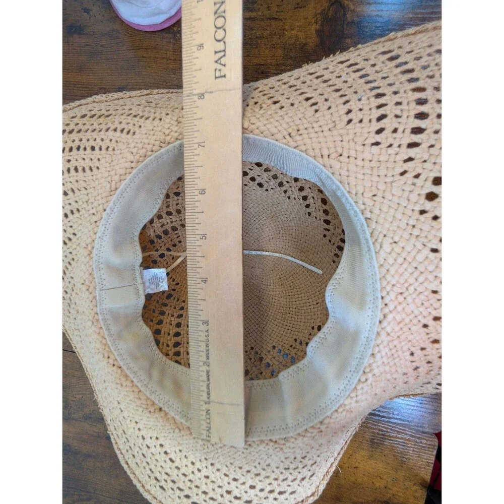 Marcus Adler Wide Brim Straw Sun Hat Open Weave Floppy Beach Boho Bow Tan OS EUC
